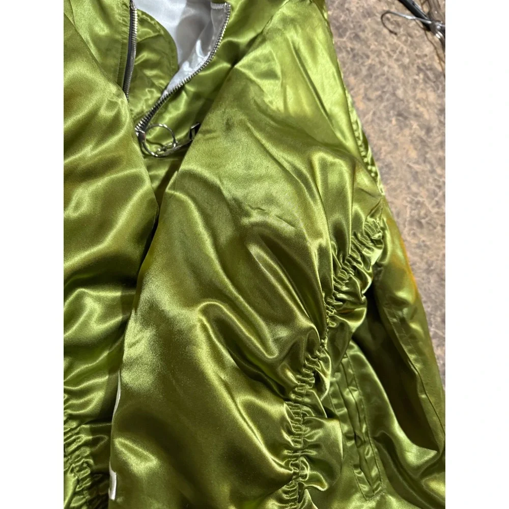Reves Paris Olive Green Satin Ruched Bomber Jacket XL Streetwear Haring Murakami